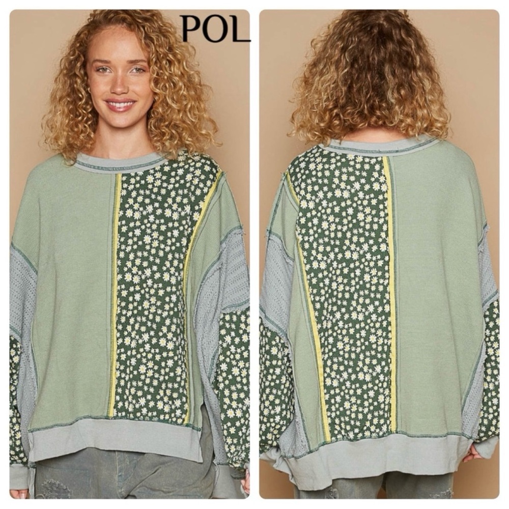 POL Green and Gray Floral Sweater